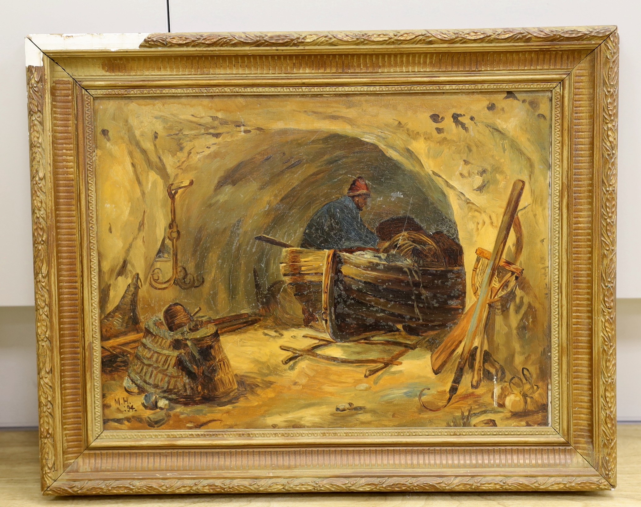 M.H., oil on board, Fishermen in a sea cave, initialled and dated '94, 28 x 38cm